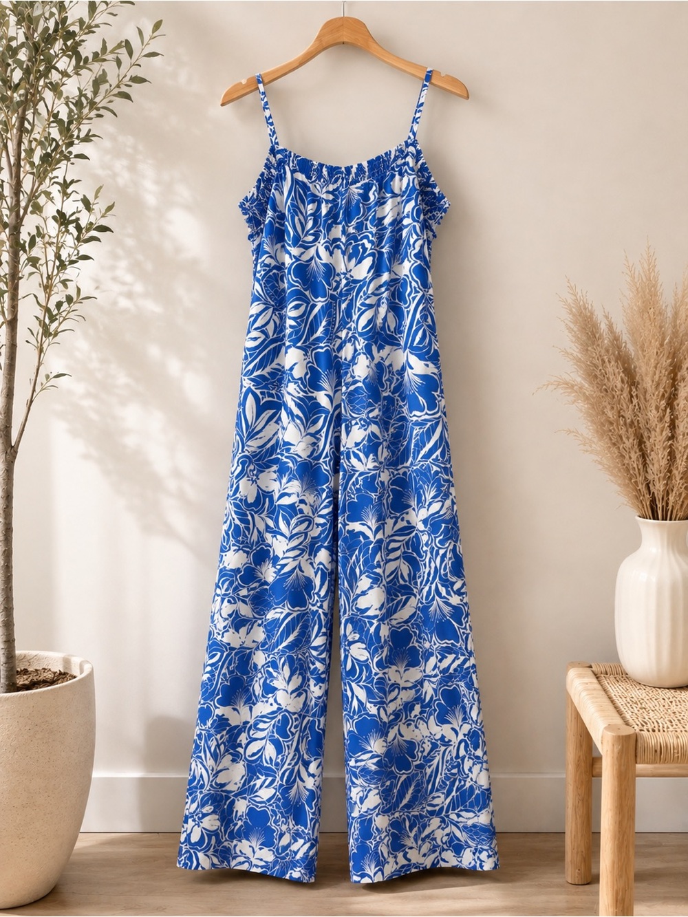 Blue Floral Wide-Leg Jumpsuit - Adjustable Straps